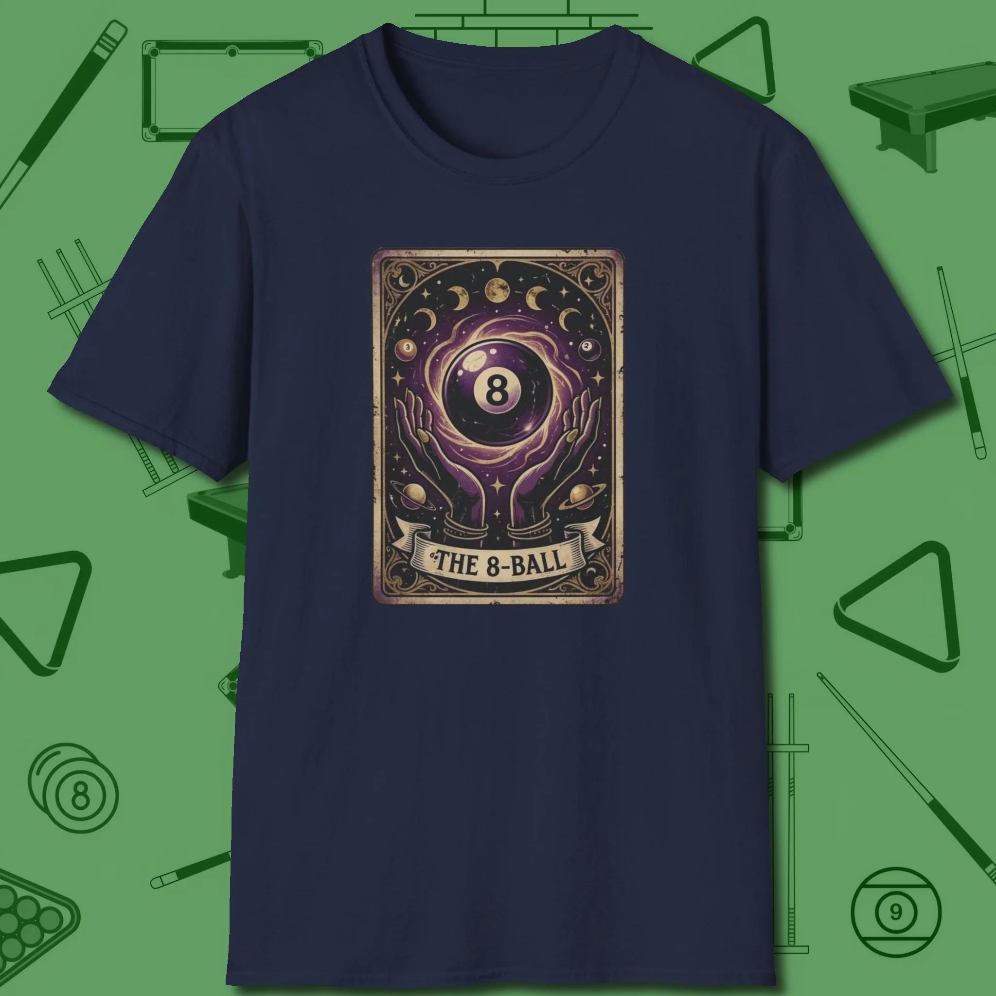 The Eight Ball Tarot T-Shirt, front view, in Navy what the real shooters wear