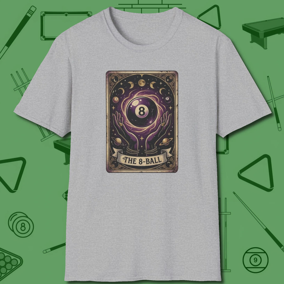 The Eight Ball Tarot T-Shirt, front view, in Sport Grey an extension of your pool persona