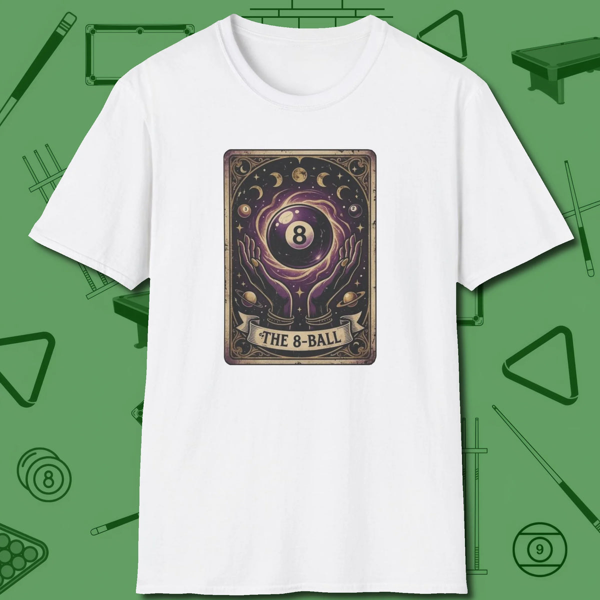 The Eight Ball Tarot T-Shirt, front view, in White table-tested, street-approved style