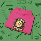 The Grind Never Lies Hoodie, folded view, in Heliconia the shirt that plays position