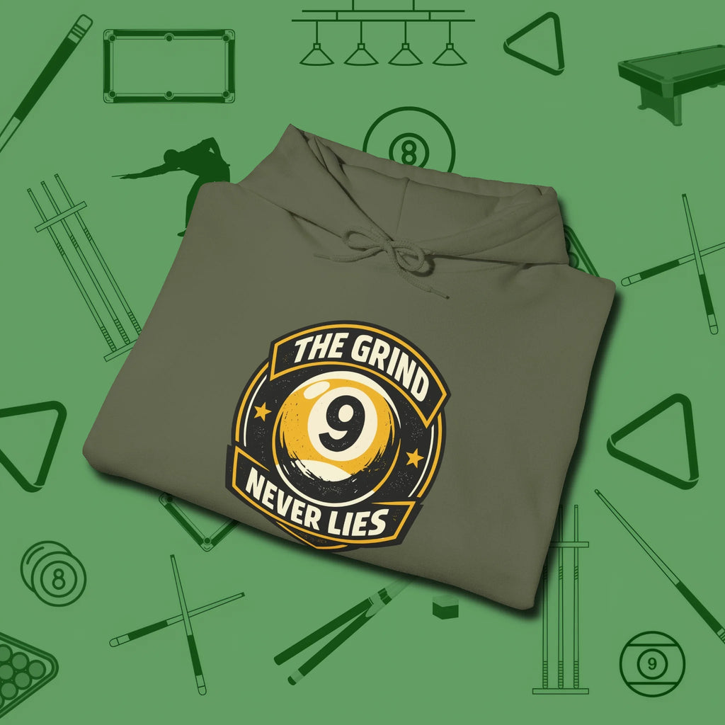 The Grind Never Lies Hoodie, folded view, in Military Green play in style, win in silence