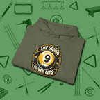 The Grind Never Lies Hoodie, folded view, in Military Green play in style, win in silence