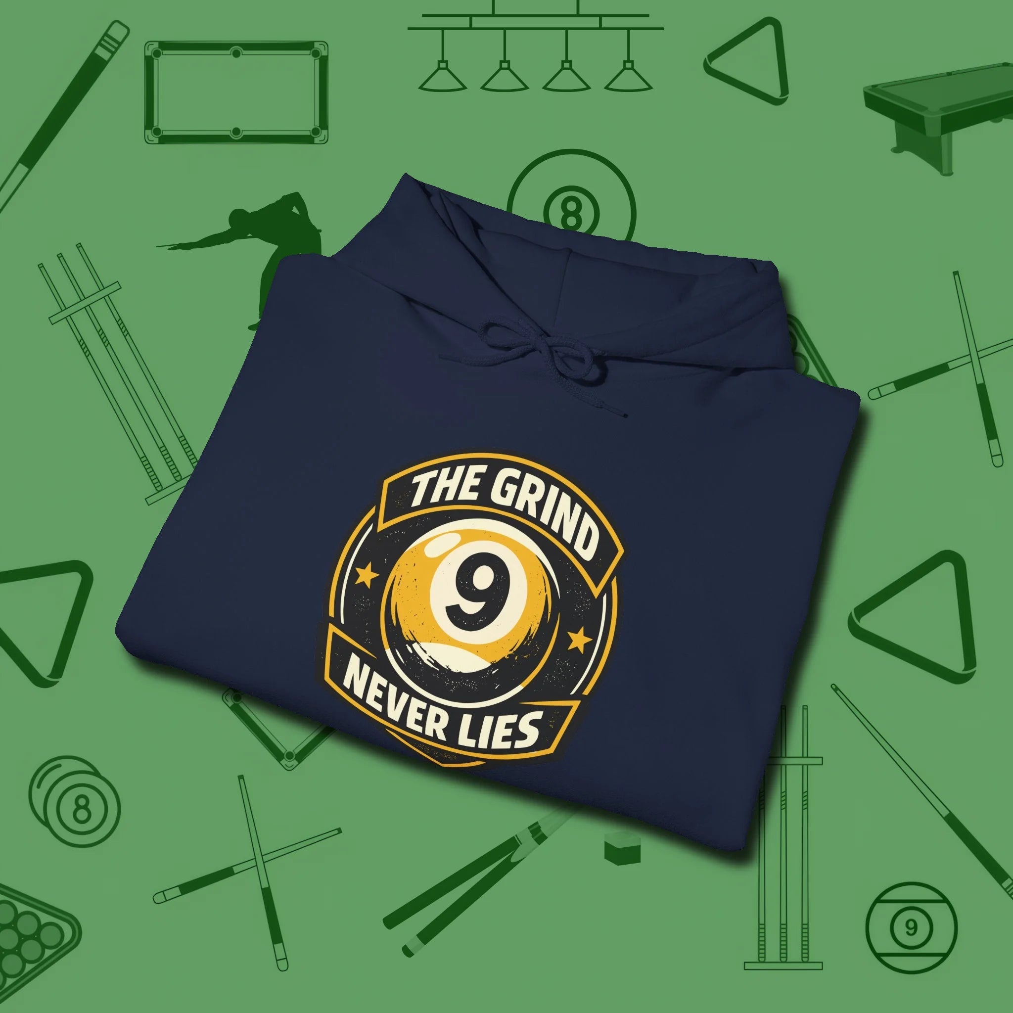 The Grind Never Lies Hoodie, folded view, in Navy cool under pressure, hot on the eyes