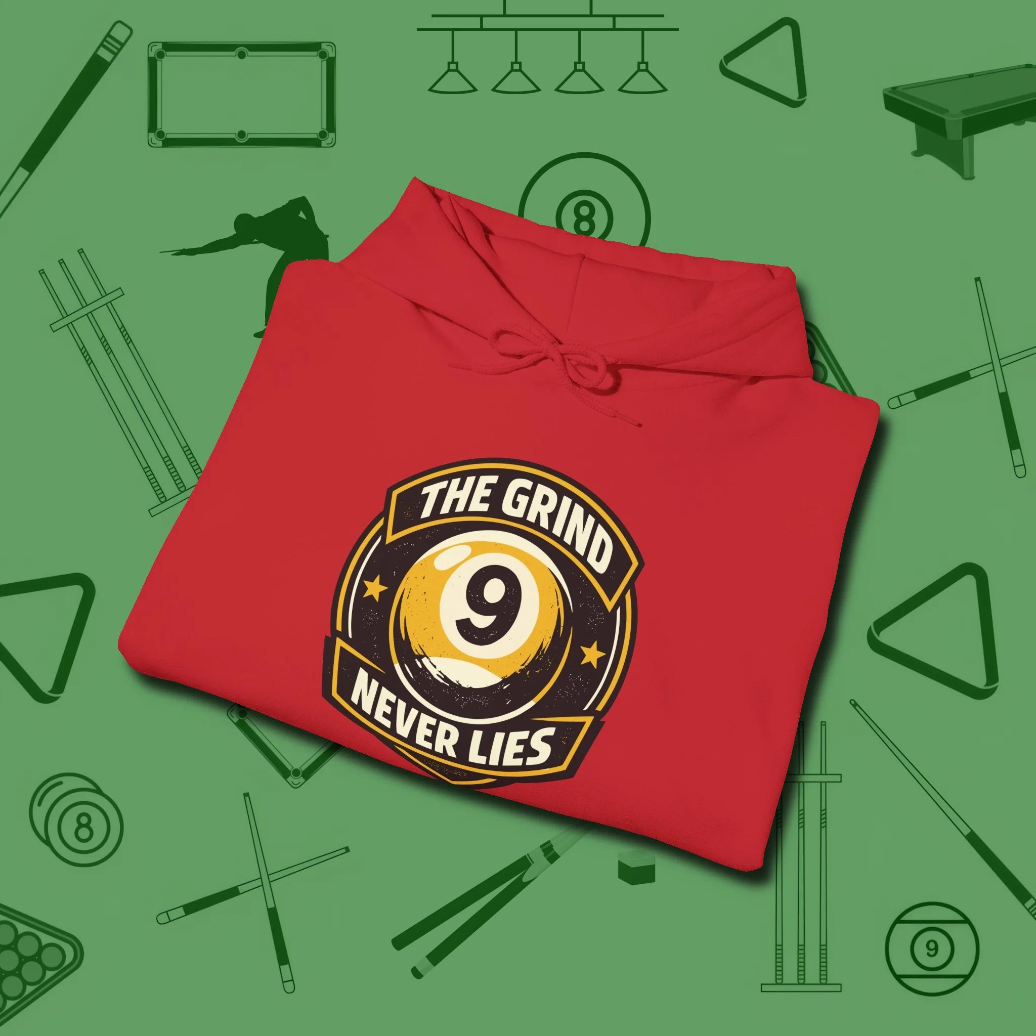 The Grind Never Lies Hoodie, folded view, in Red cue up respect every time you wear it