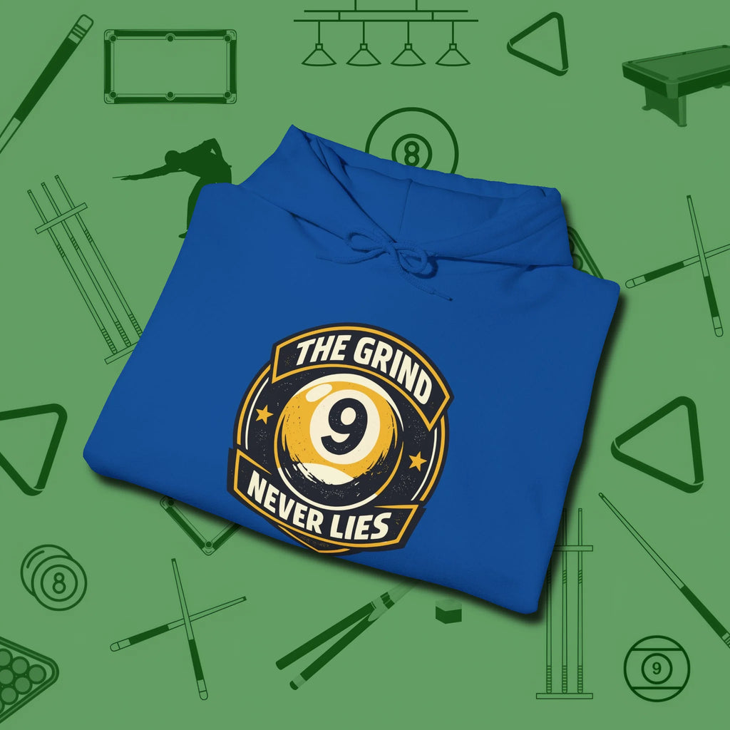 The Grind Never Lies Hoodie, folded view, in Royal tough like your favorite break cue