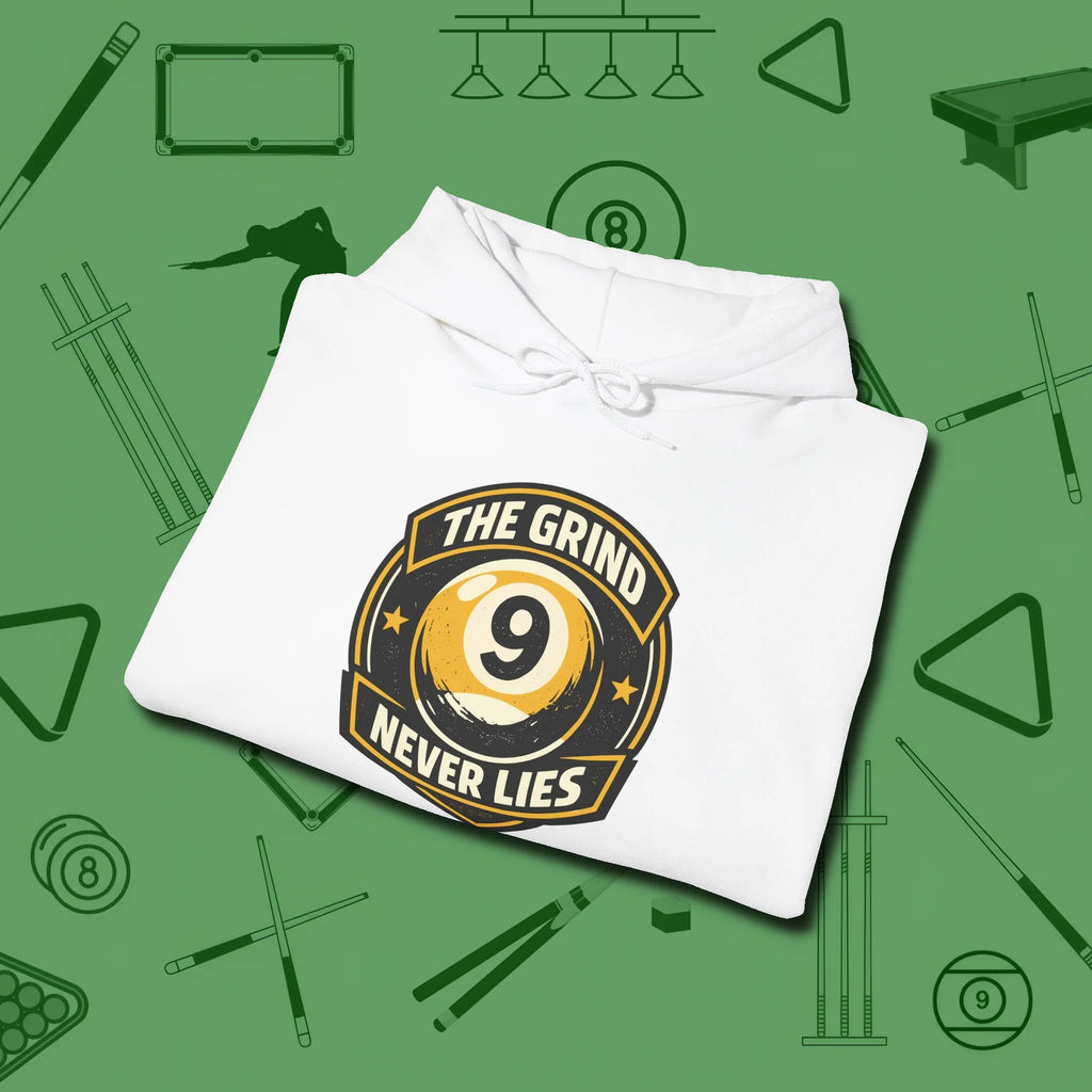 The Grind Never Lies Hoodie, folded view, in White the shirt that plays position