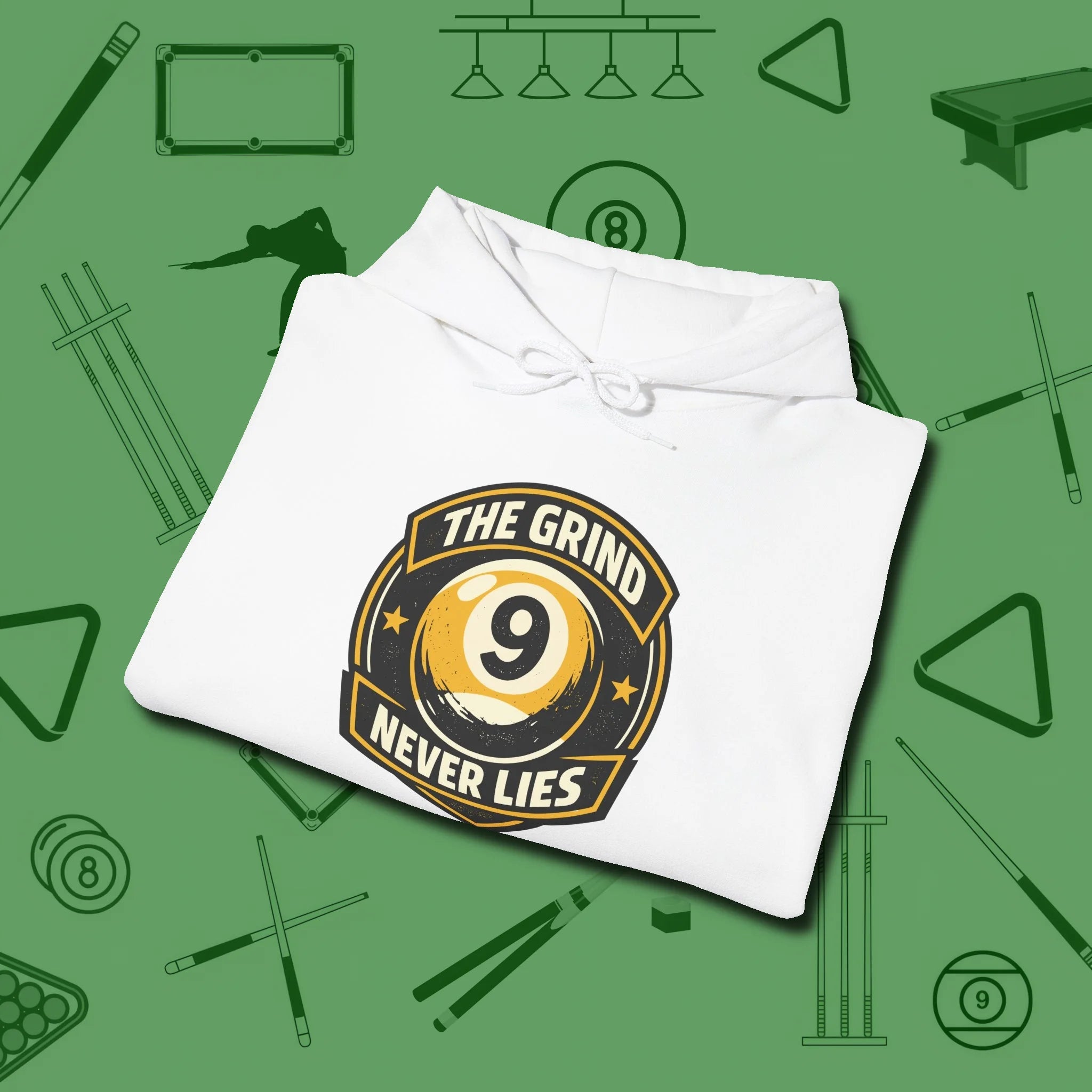 The Grind Never Lies Hoodie, folded view, in White the shirt that plays position