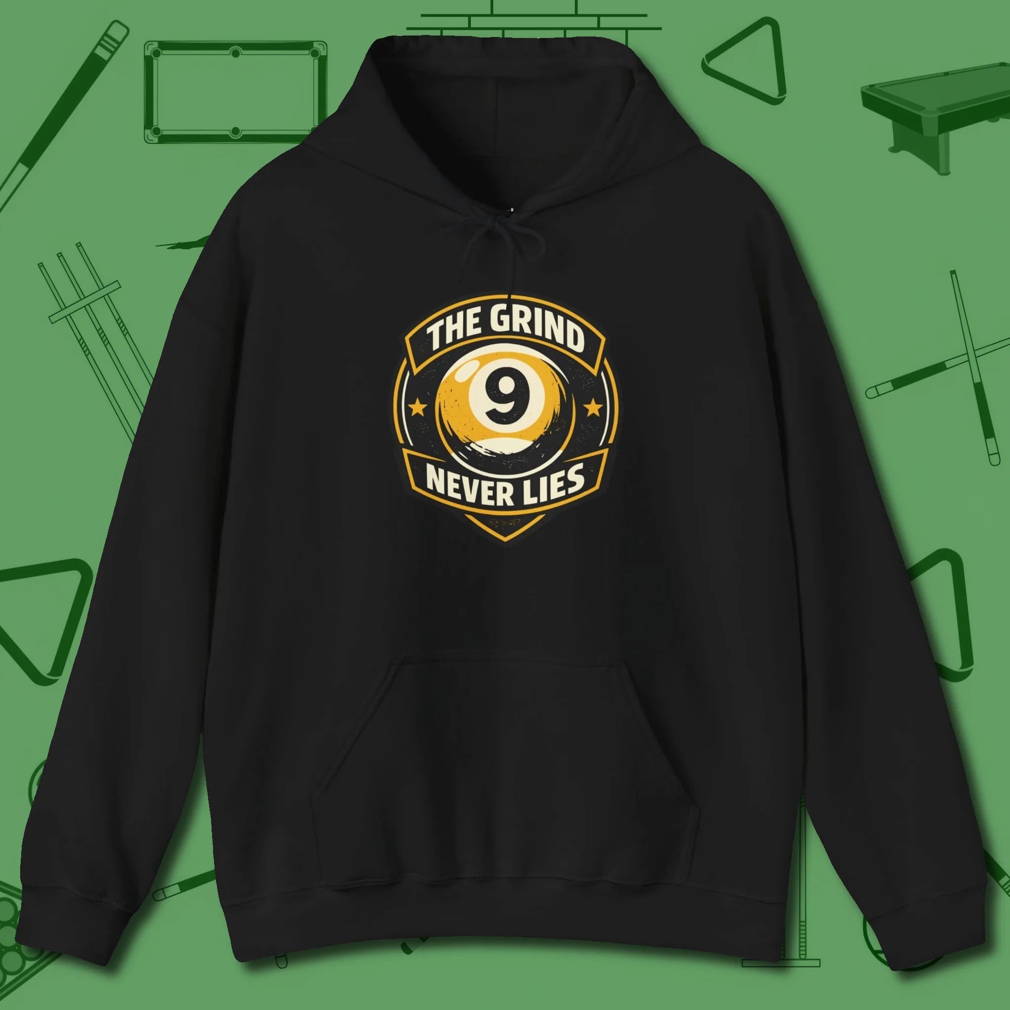The Grind Never Lies Hoodie, front view, in Black attitude built for the long haul