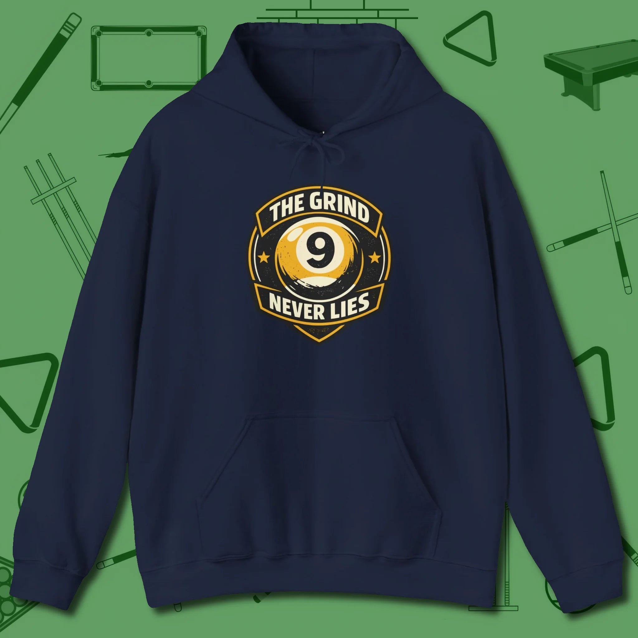 The Grind Never Lies Hoodie, front view, in Navy your secret weapon off the table