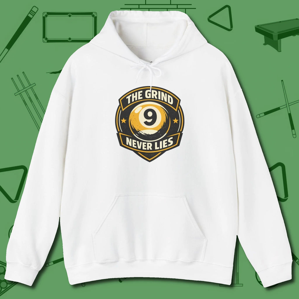The Grind Never Lies Hoodie, front view, in White because you don’t just play — you represent