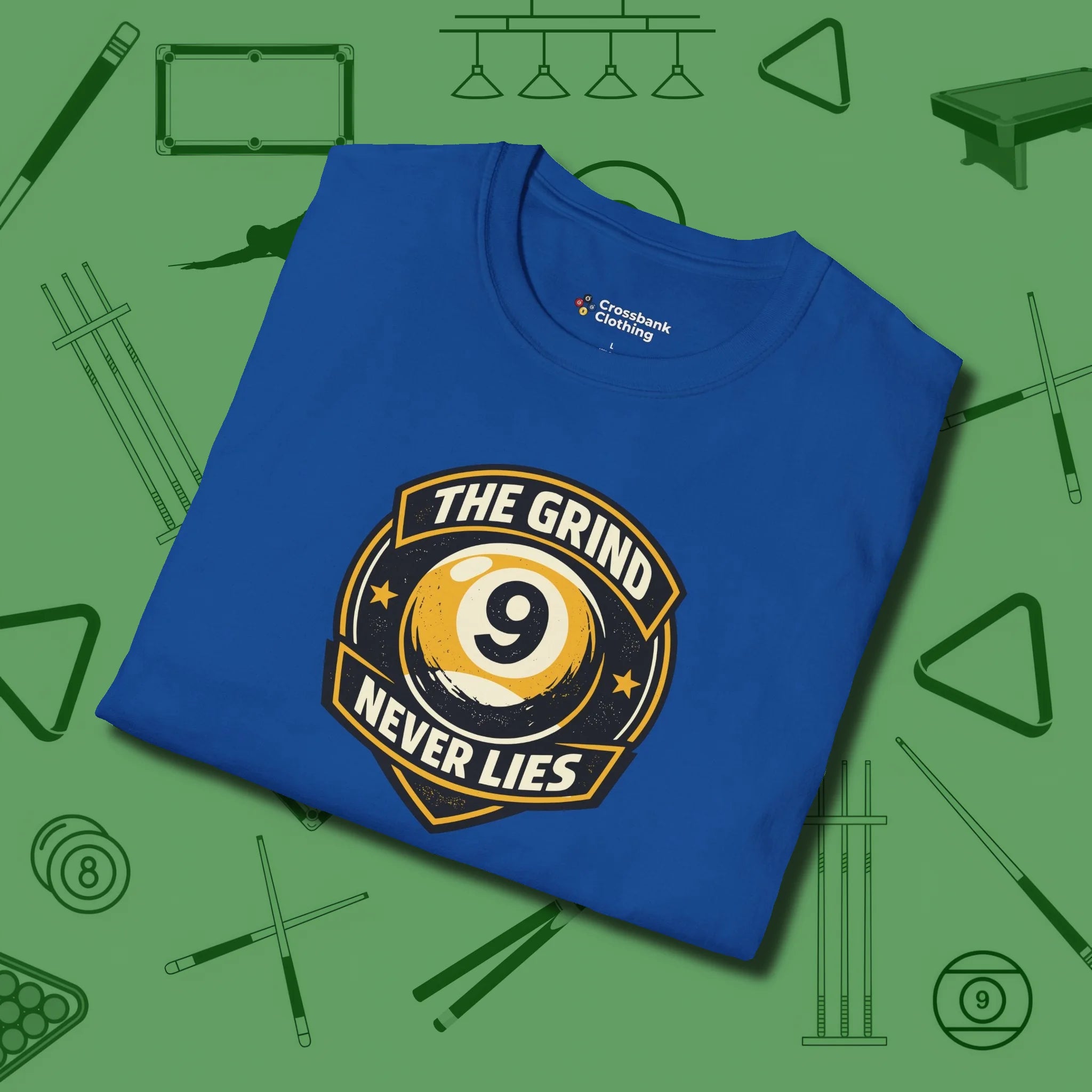 The Grind Never Lies T-Shirt, folded view, in Royal as serious as your stroke