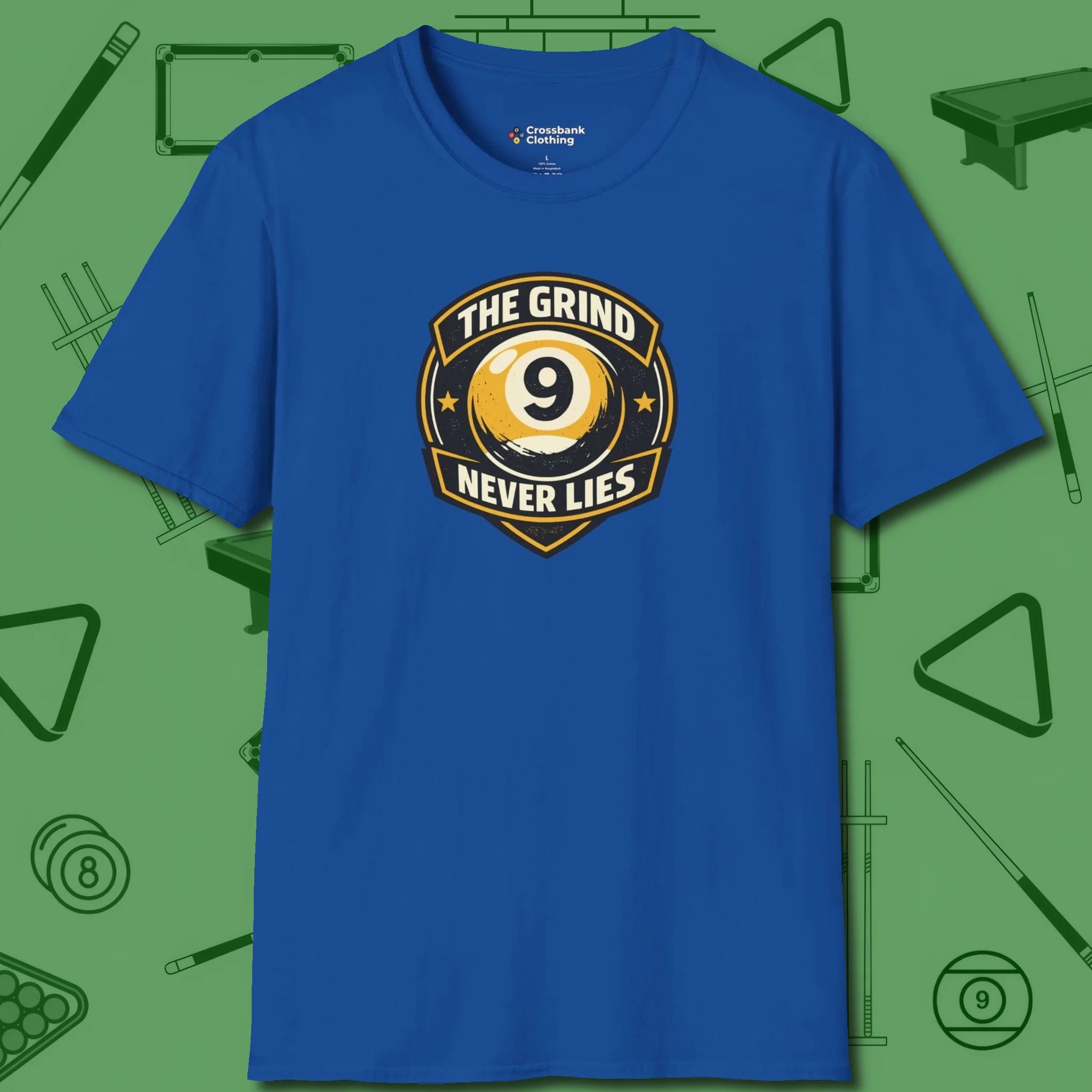 The Grind Never Lies T-Shirt, front view, in Royal the shirt that plays position