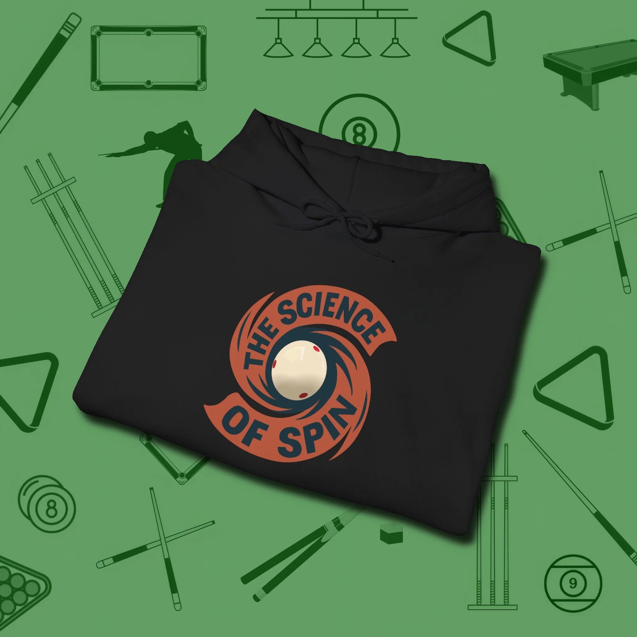 The Science of Spin Billiards Hoodie, folded view, in Black cue sports swagger done right