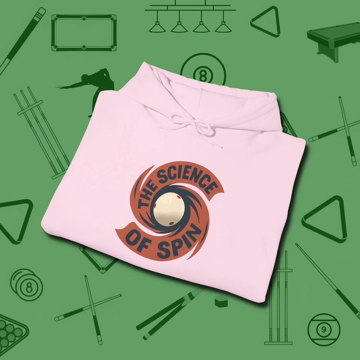 The Science of Spin Billiards Hoodie, folded view, in Light Pink the official uniform of the after-hours crew