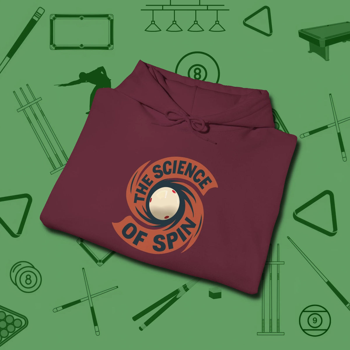 The Science of Spin Billiards Hoodie, folded view, in Maroon the shirt that plays position