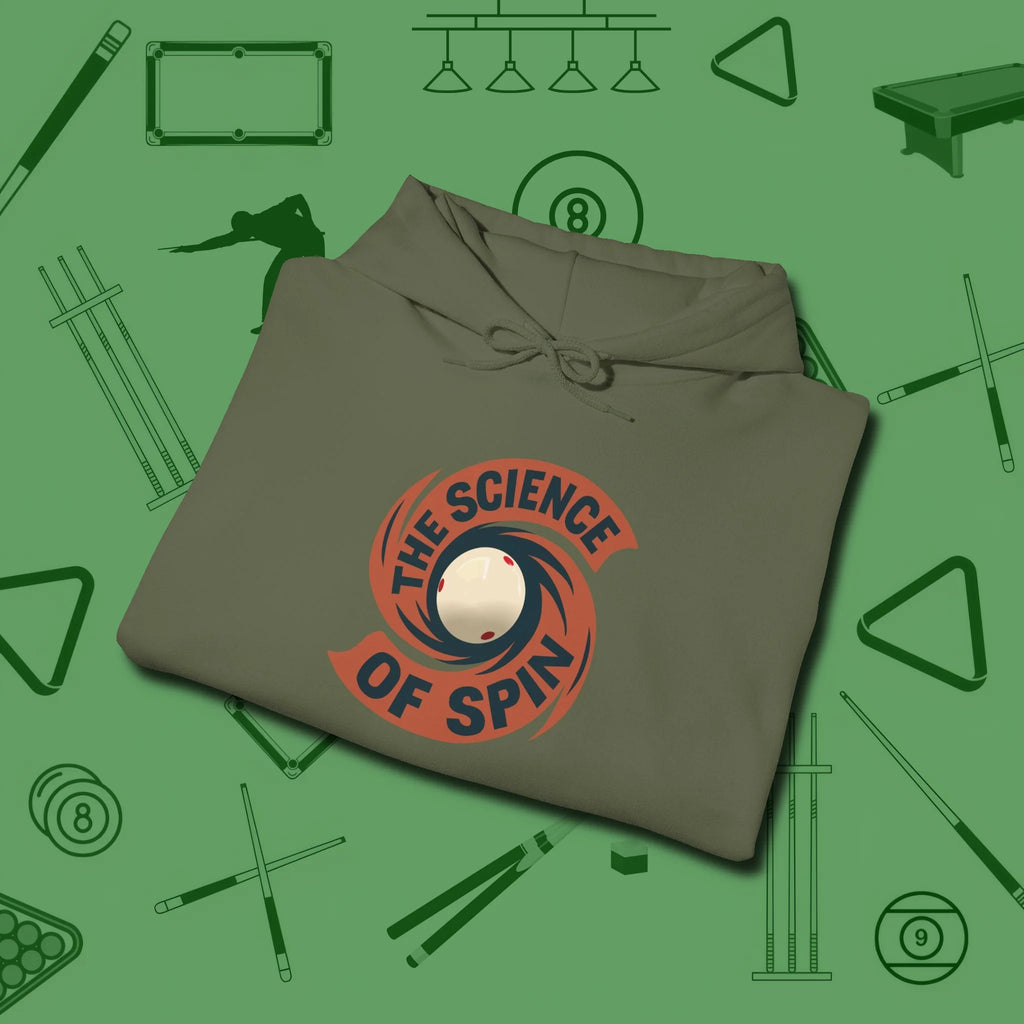 The Science of Spin Billiards Hoodie, folded view, in Military Green ideal for clean hits and clean fits