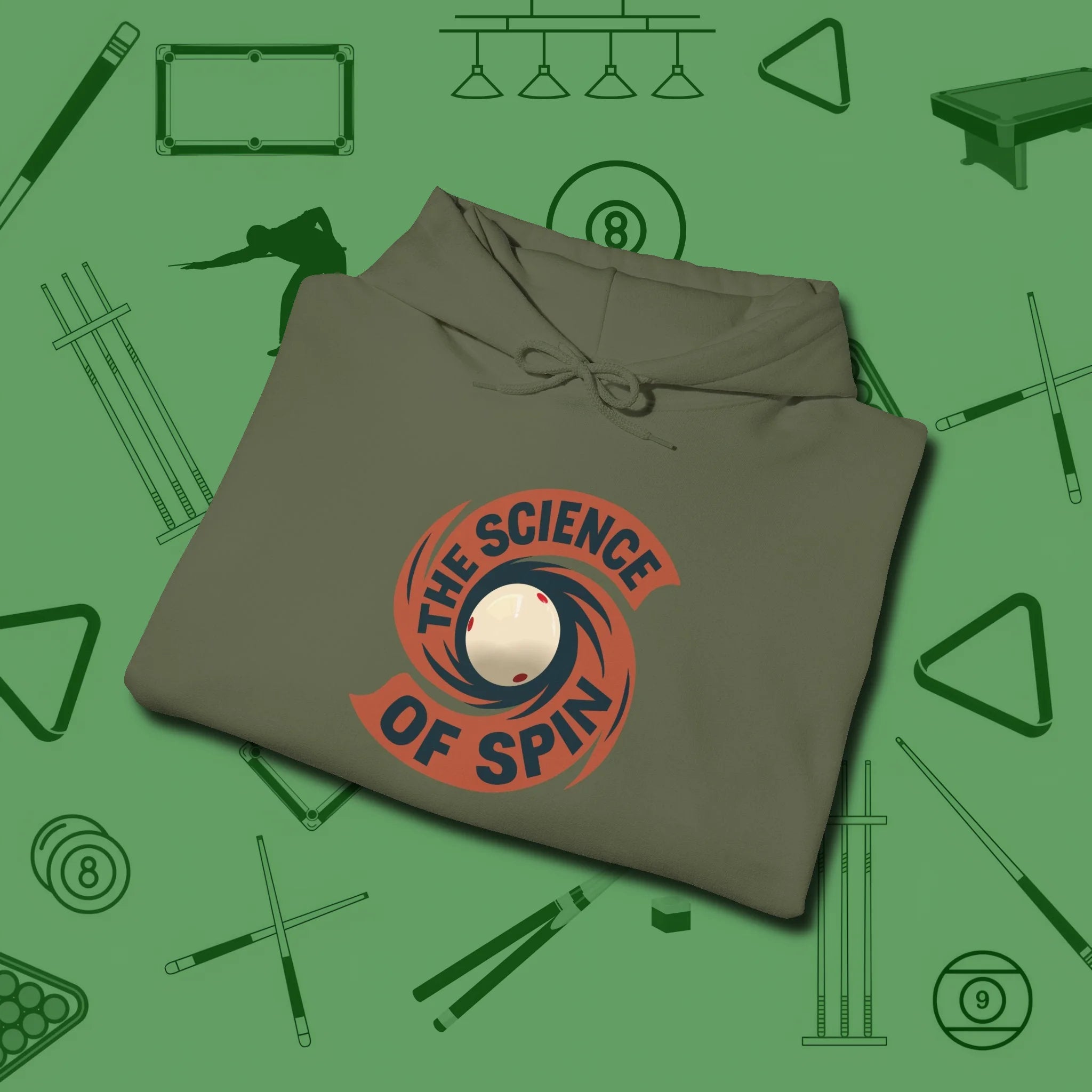 The Science of Spin Billiards Hoodie, folded view, in Military Green ideal for clean hits and clean fits