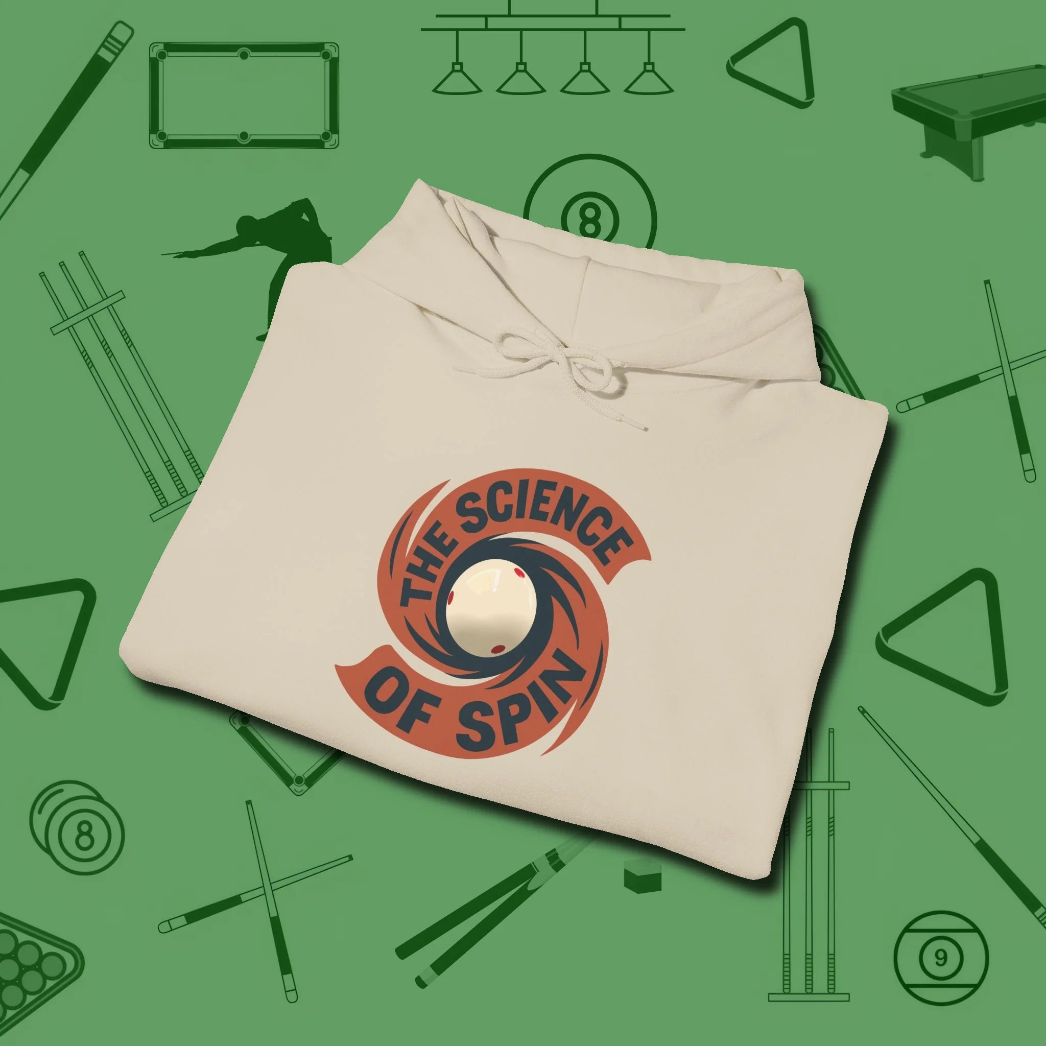 The Science of Spin Billiards Hoodie, folded view, in Sand attitude built for the long haul