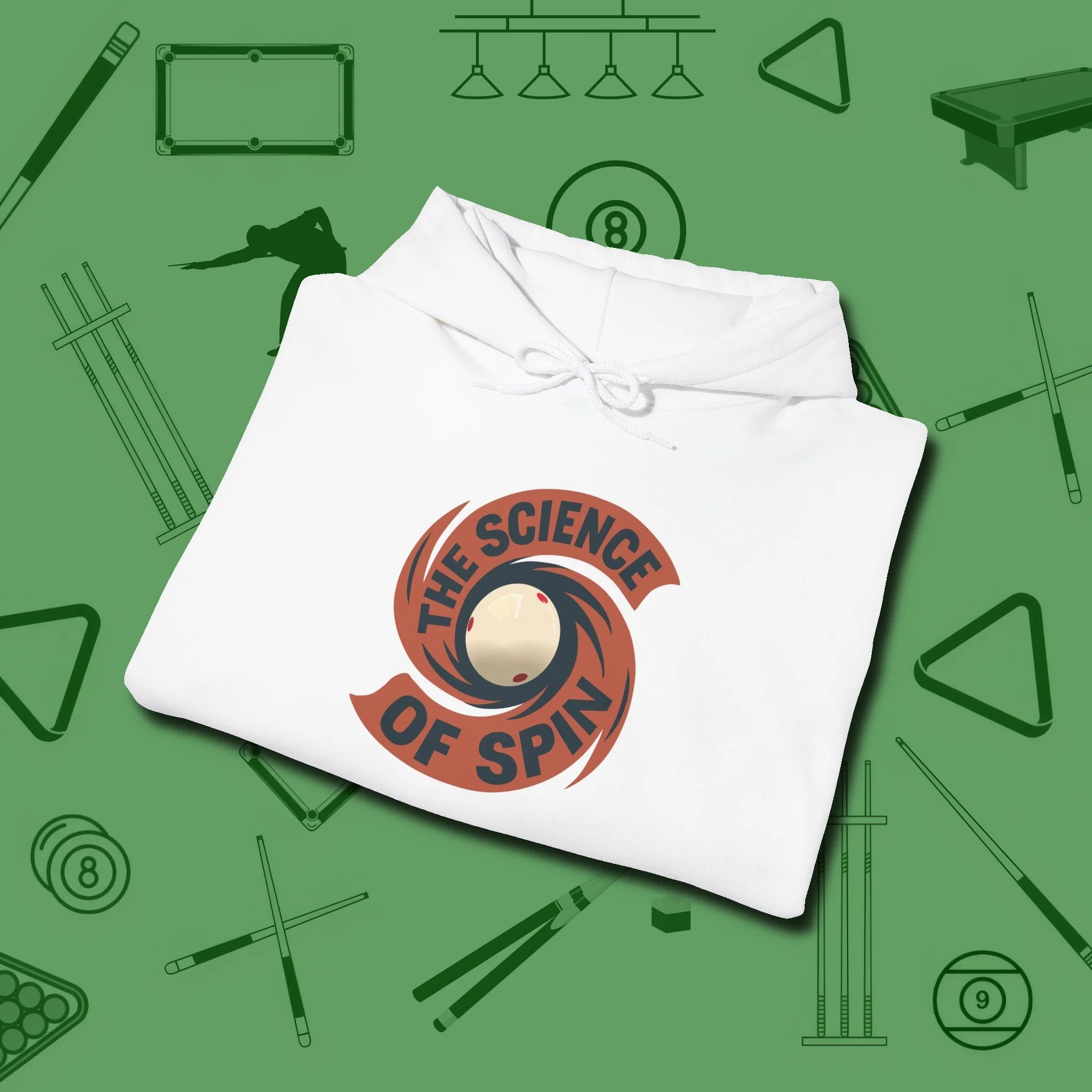 The Science of Spin Billiards Hoodie, folded view, in White where style and cue discipline collide