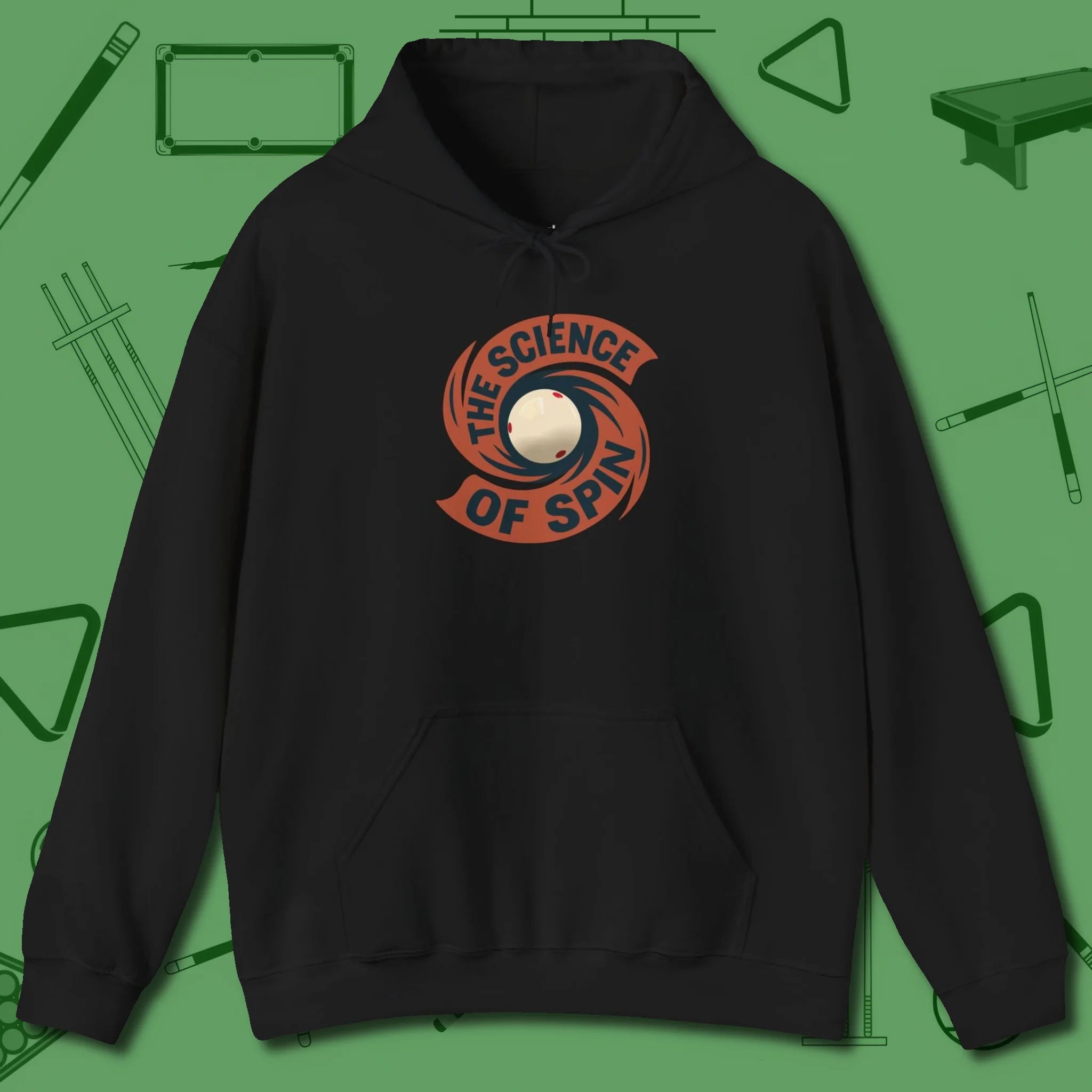 The Science of Spin Billiards Hoodie, front view, in Black attitude built for the long haul