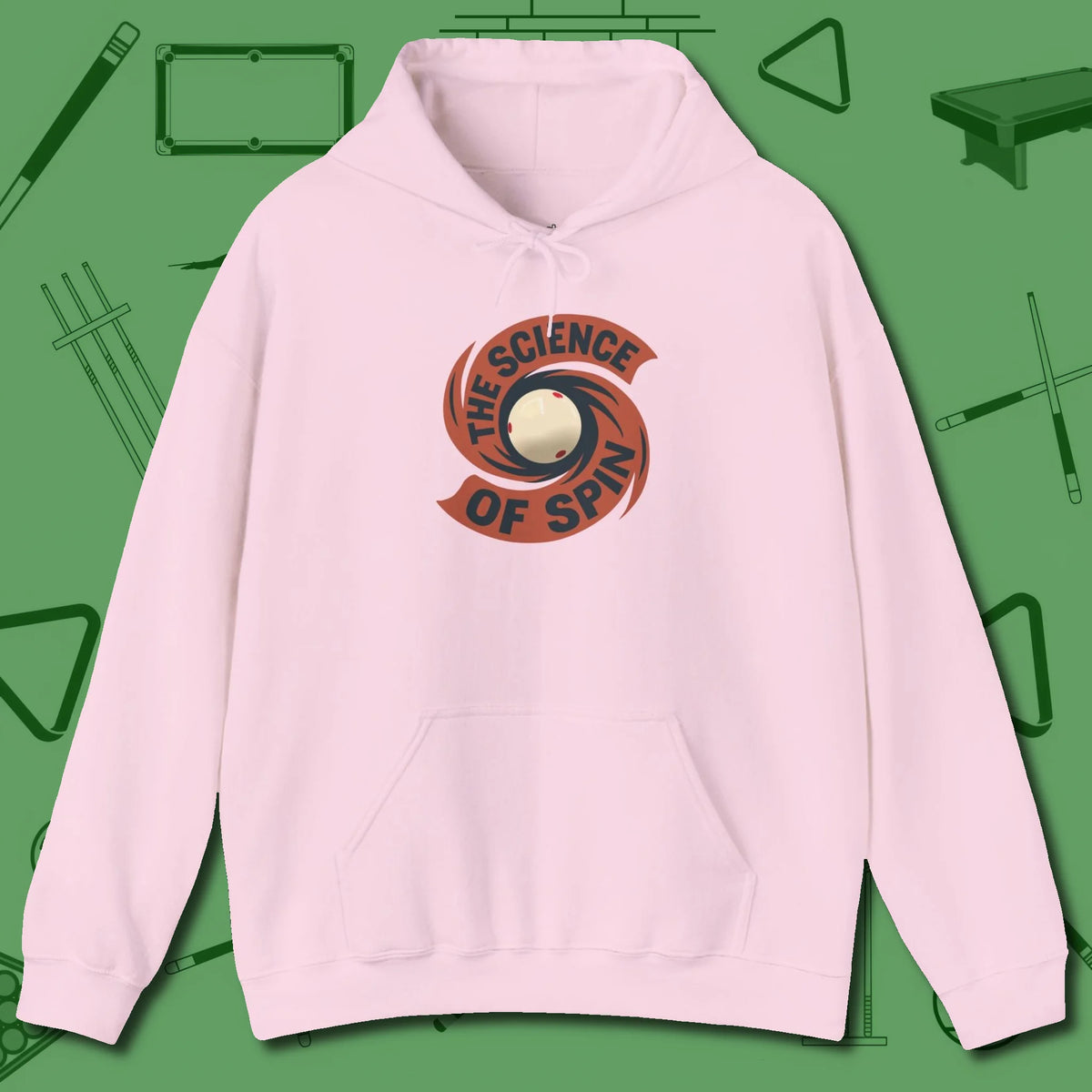 The Science of Spin Billiards Hoodie, front view, in Light Pink the shirt that plays position