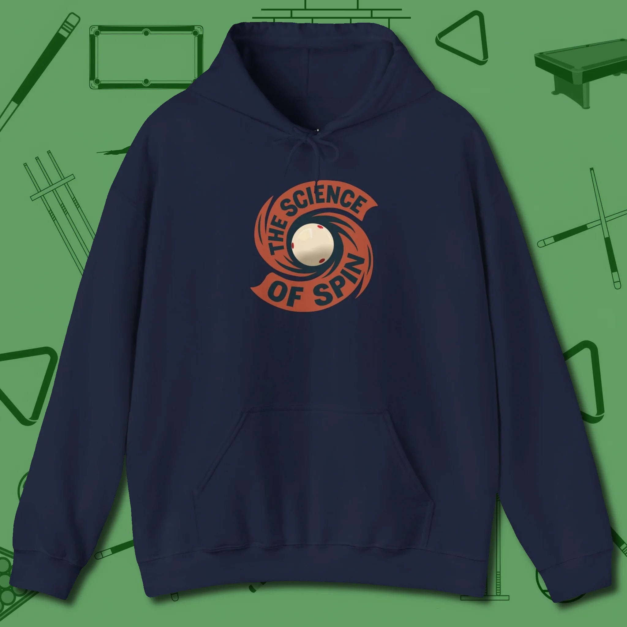 The Science of Spin Billiards Hoodie, front view, in Navy confidence stitched in every seam