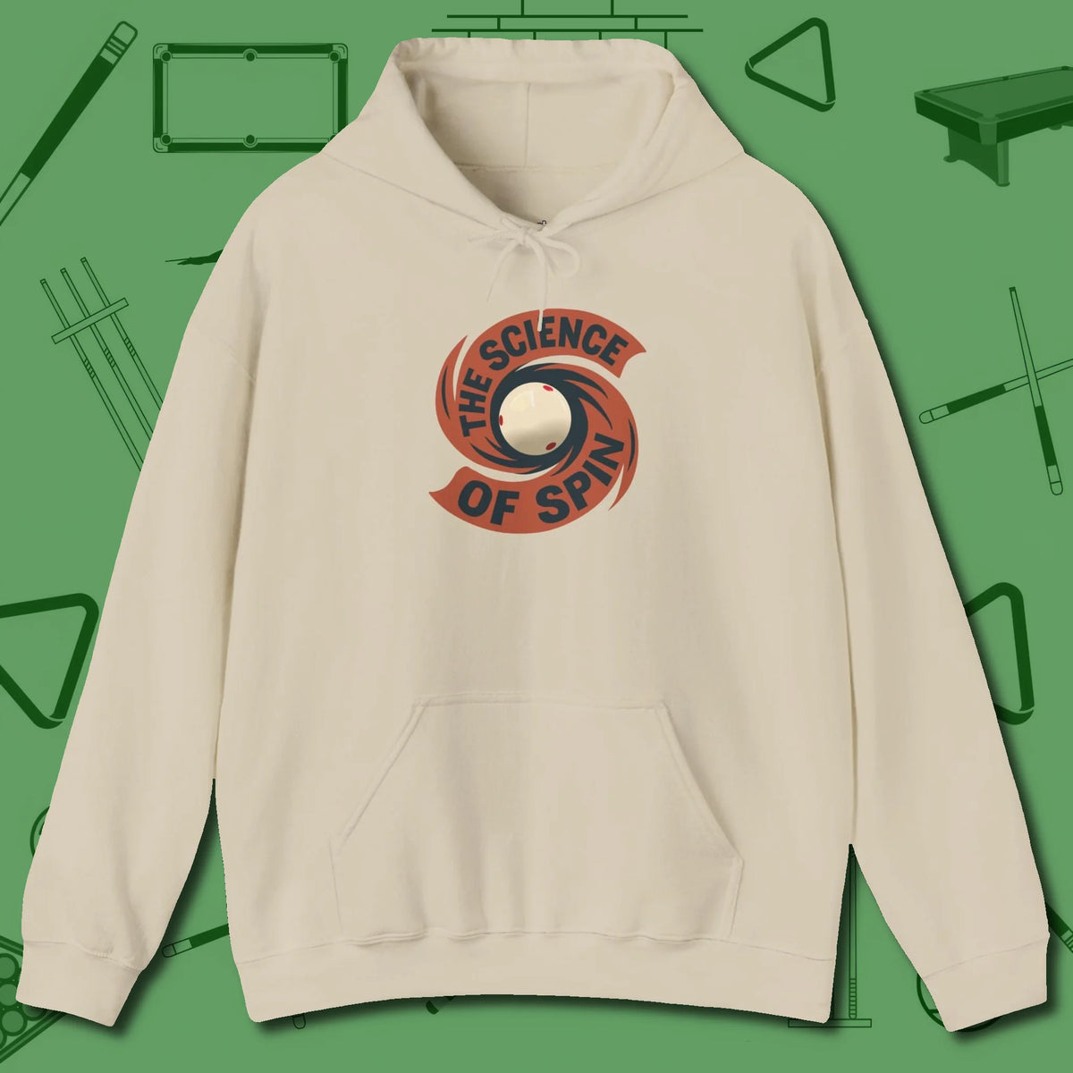 The Science of Spin Billiards Hoodie, front view, in Sand what champions wear between racks