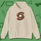 The Science of Spin Billiards Hoodie, front view, in Sand what champions wear between racks