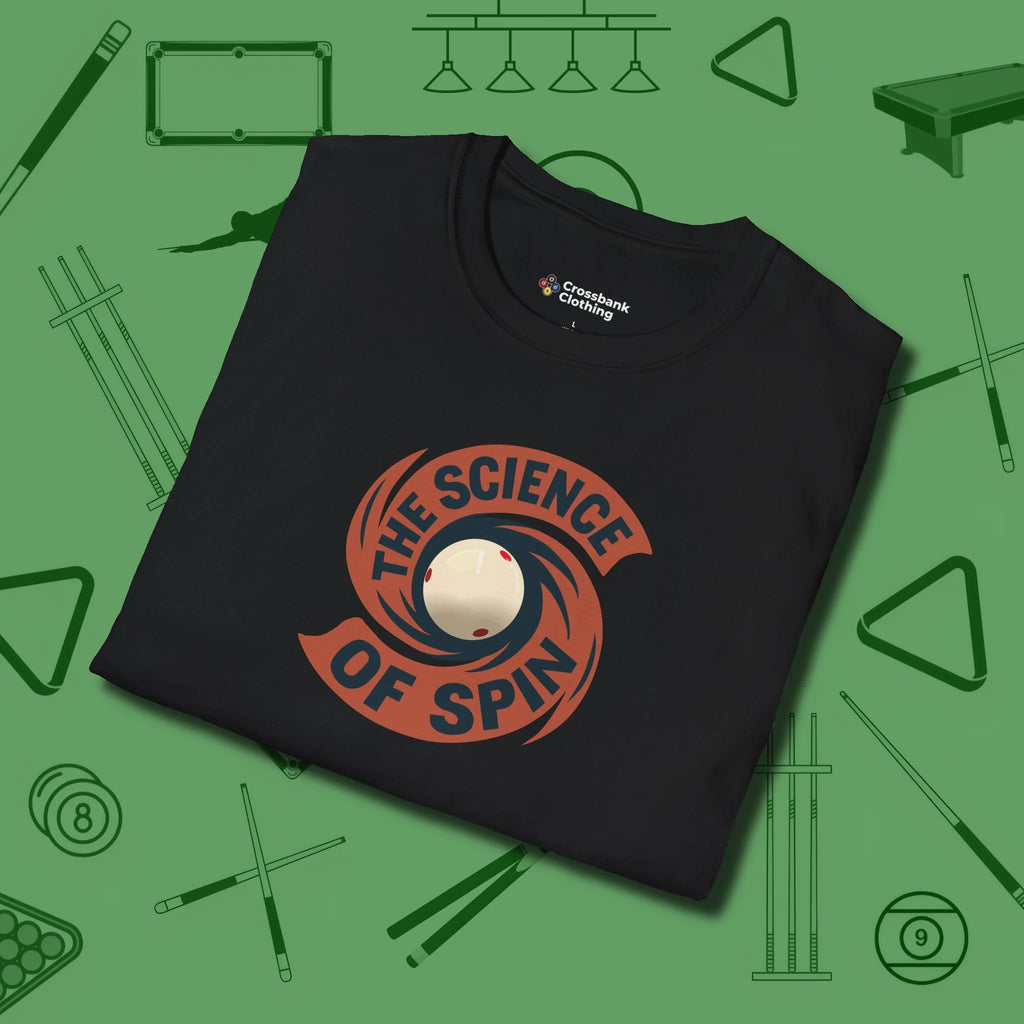 The Science of Spin Billiards T-Shirt, folded view, in Black table-tested, street-approved style