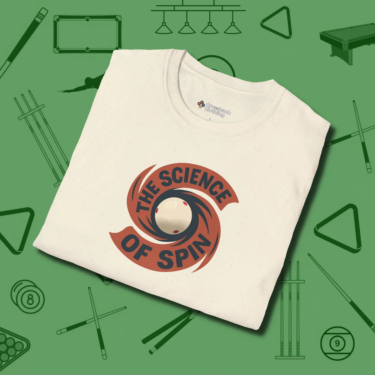 The Science of Spin Billiards T-Shirt, folded view, in Natural for shooters who dress like they play: sharp