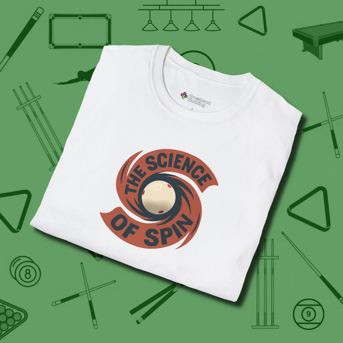 The Science of Spin Billiards T-Shirt, folded view, in White classic cue style, no gimmicks