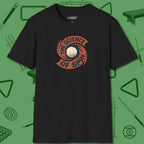 The Science of Spin Billiards T-Shirt, front view, in Black classic cue style, no gimmicks