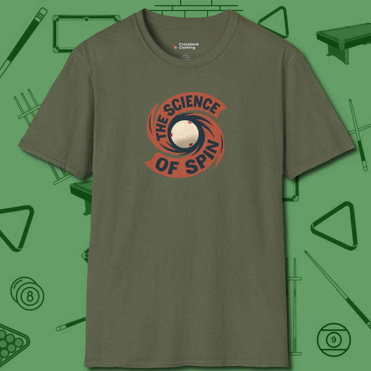 The Science of Spin Billiards T-Shirt, front view, in Military Green classic cue style, no gimmicks