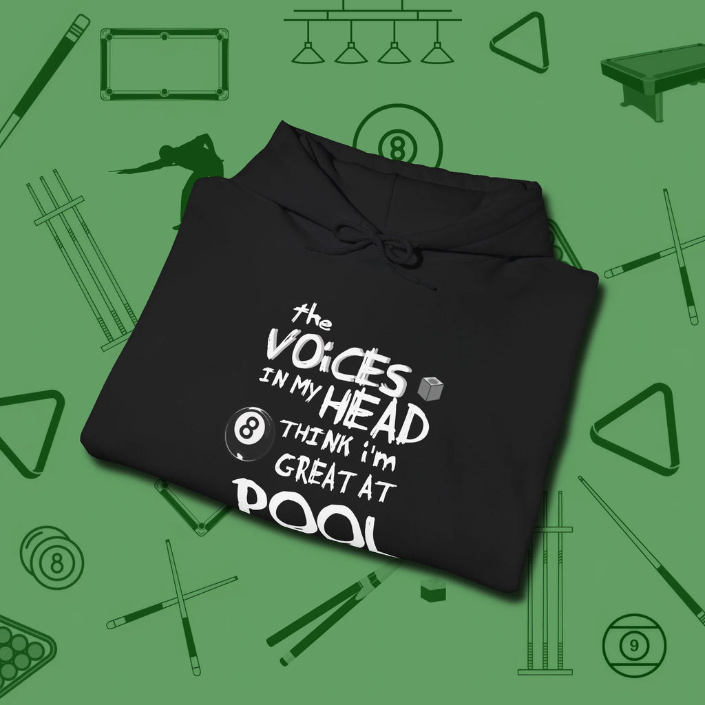 The Voices in My Head Think I’m Great at Hoodie, folded view, in Black stitched for cue discipline and cool confidence