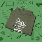 The Voices in My Head Think I’m Great at Hoodie, folded view, in Military Green because you don’t just play — you represent