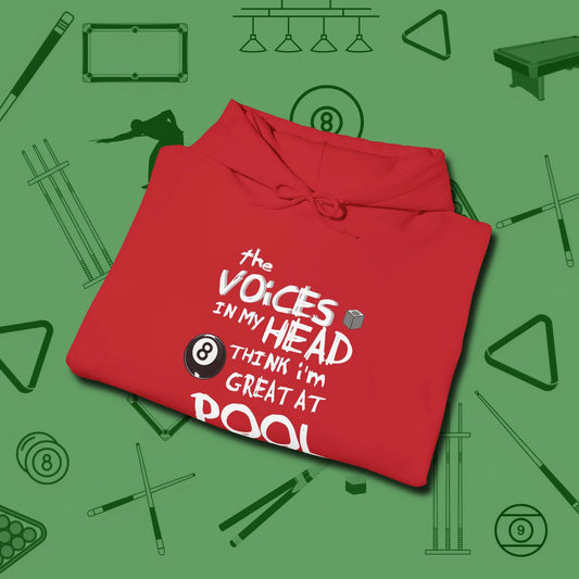 The Voices in My Head Think I’m Great at Hoodie, folded view, in Red table-tested, street-approved style