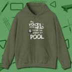 The Voices in My Head Think I’m Great at Hoodie, front view, in Military Green smart apparel for strategic players