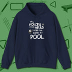 The Voices in My Head Think I’m Great at Hoodie, front view, in Navy where style and cue discipline collide
