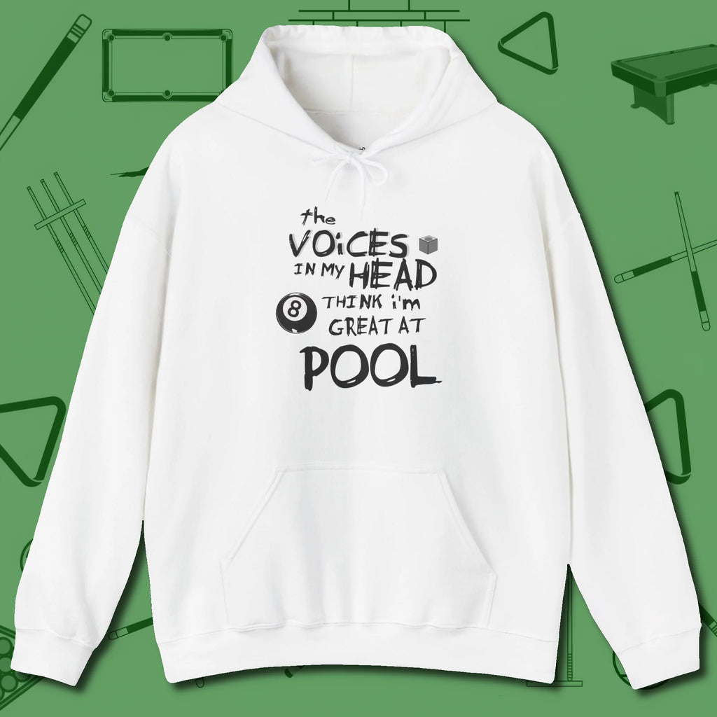 The Voices in My Head Think I’m Great at Hoodie, front view, in White fashion with break-and-run energy