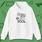 The Voices in My Head Think I’m Great at Hoodie, front view, in White fashion with break-and-run energy