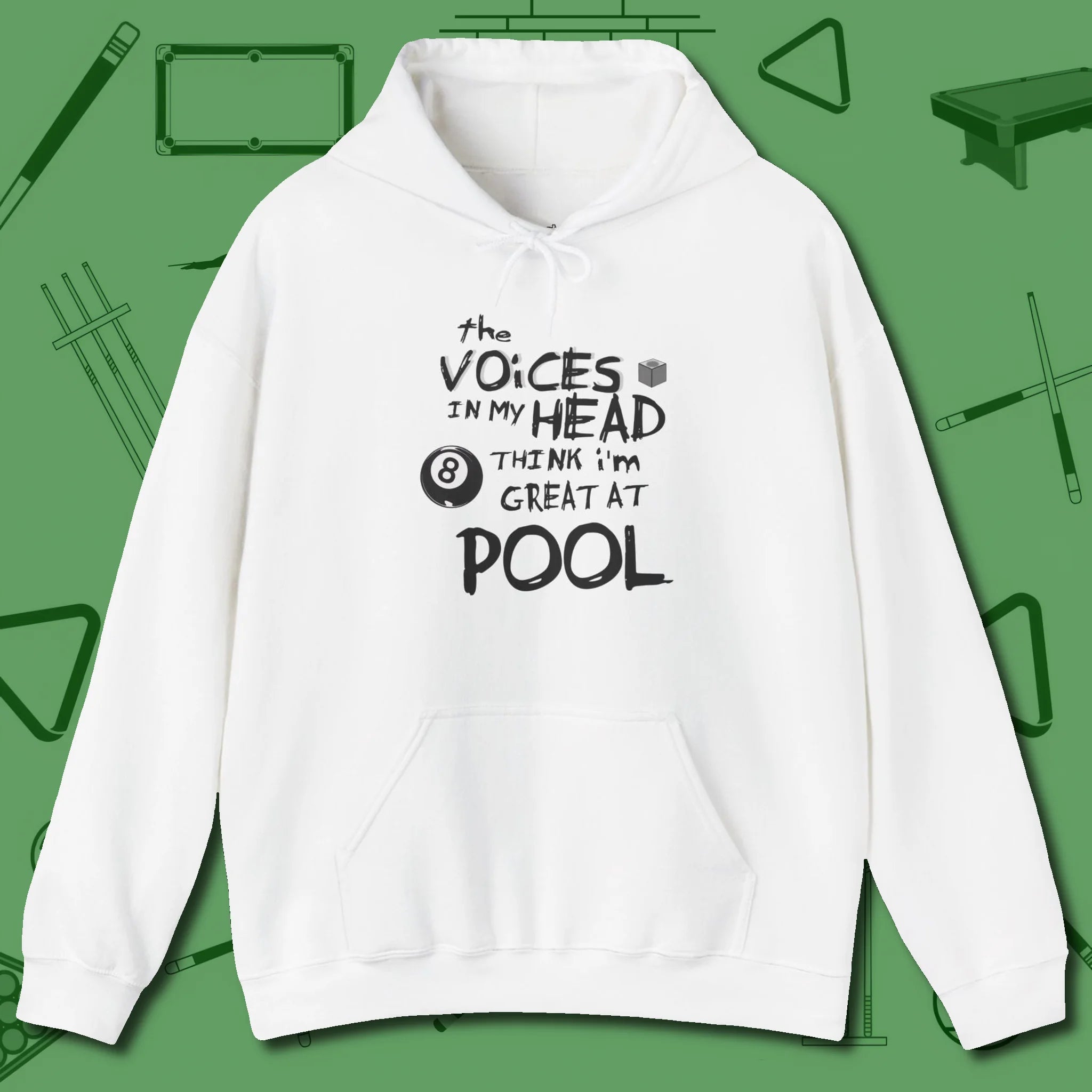 The Voices in My Head Think I’m Great at Hoodie, front view, in White fashion with break-and-run energy