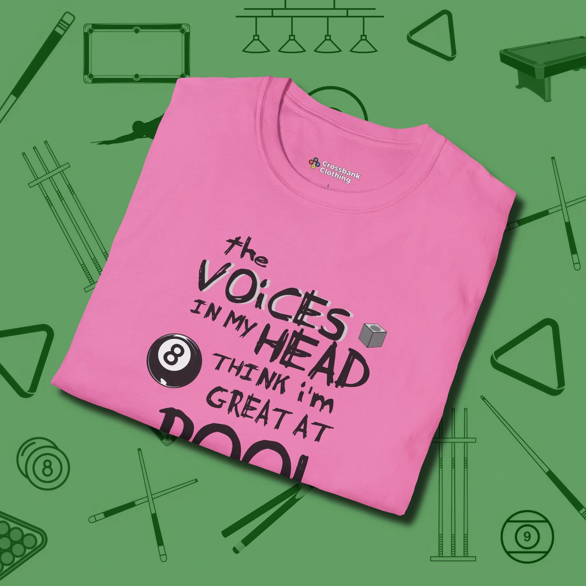 The Voices in My Head Think I’m Great at T-Shirt, folded view, in Azalea designed for dead stroke and deadpan looks