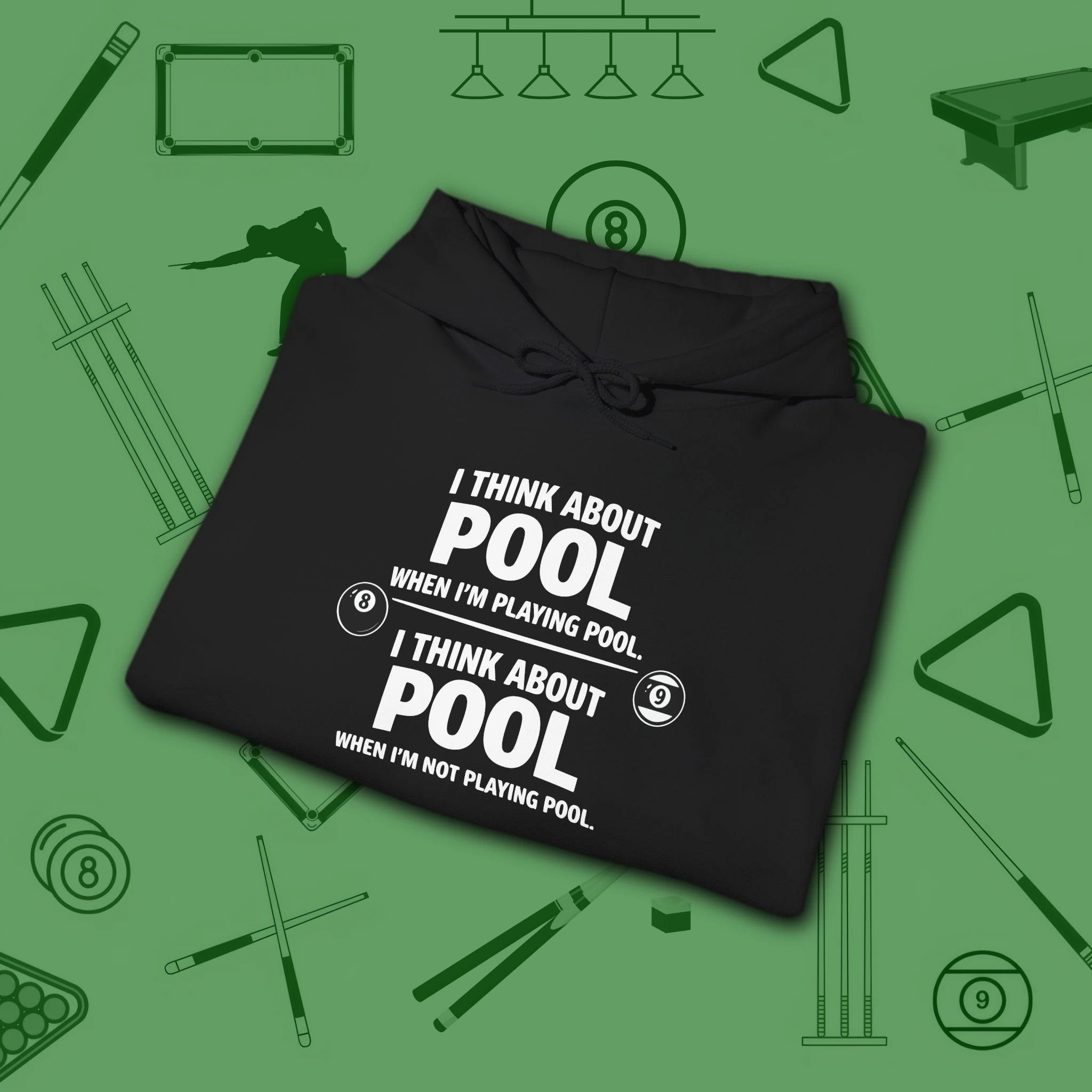 Think About Pool Hoodie, in Black color, billiards hoodie, folded view
