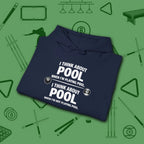 Think About Pool Hoodie, in Navy color, billiards hoodie, folded view
