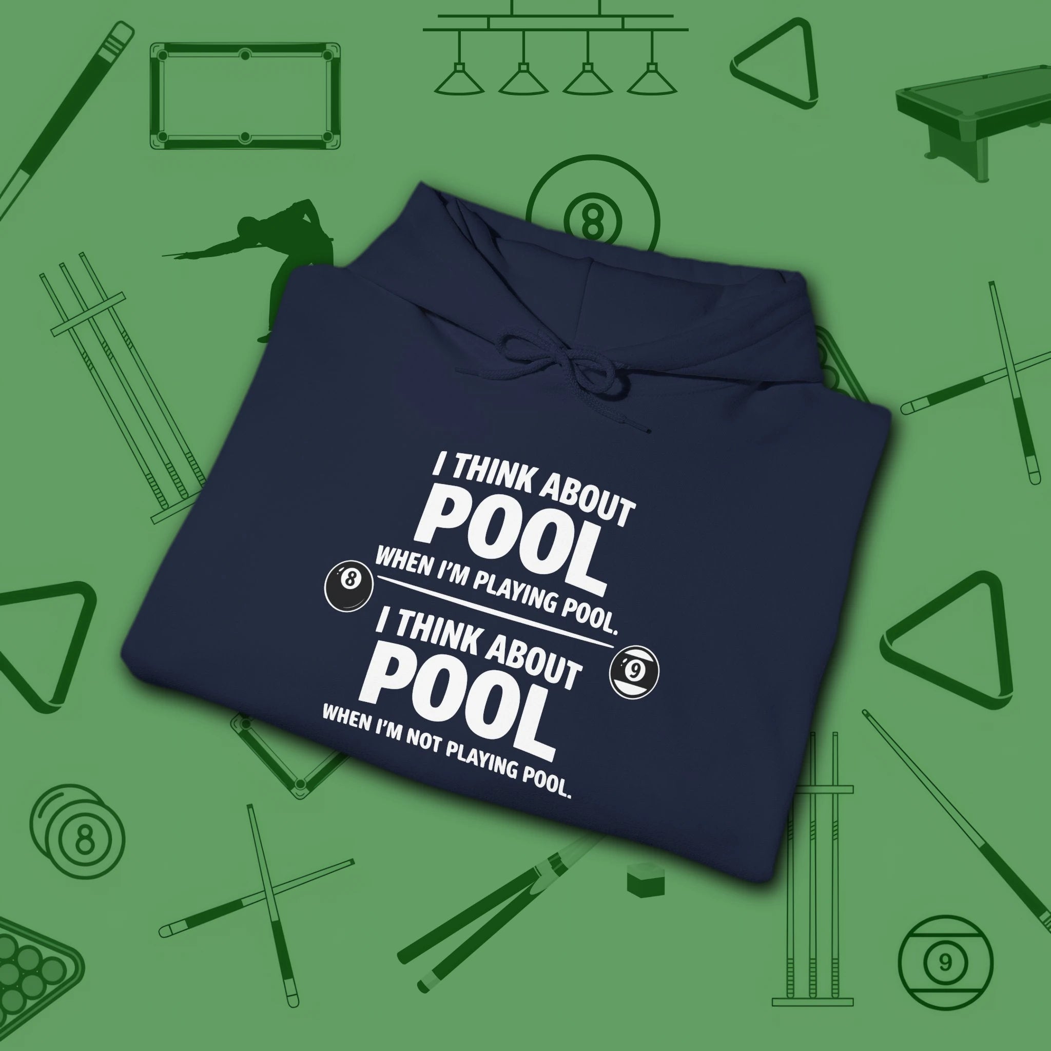 Think About Pool Hoodie, in Navy color, billiards hoodie, folded view