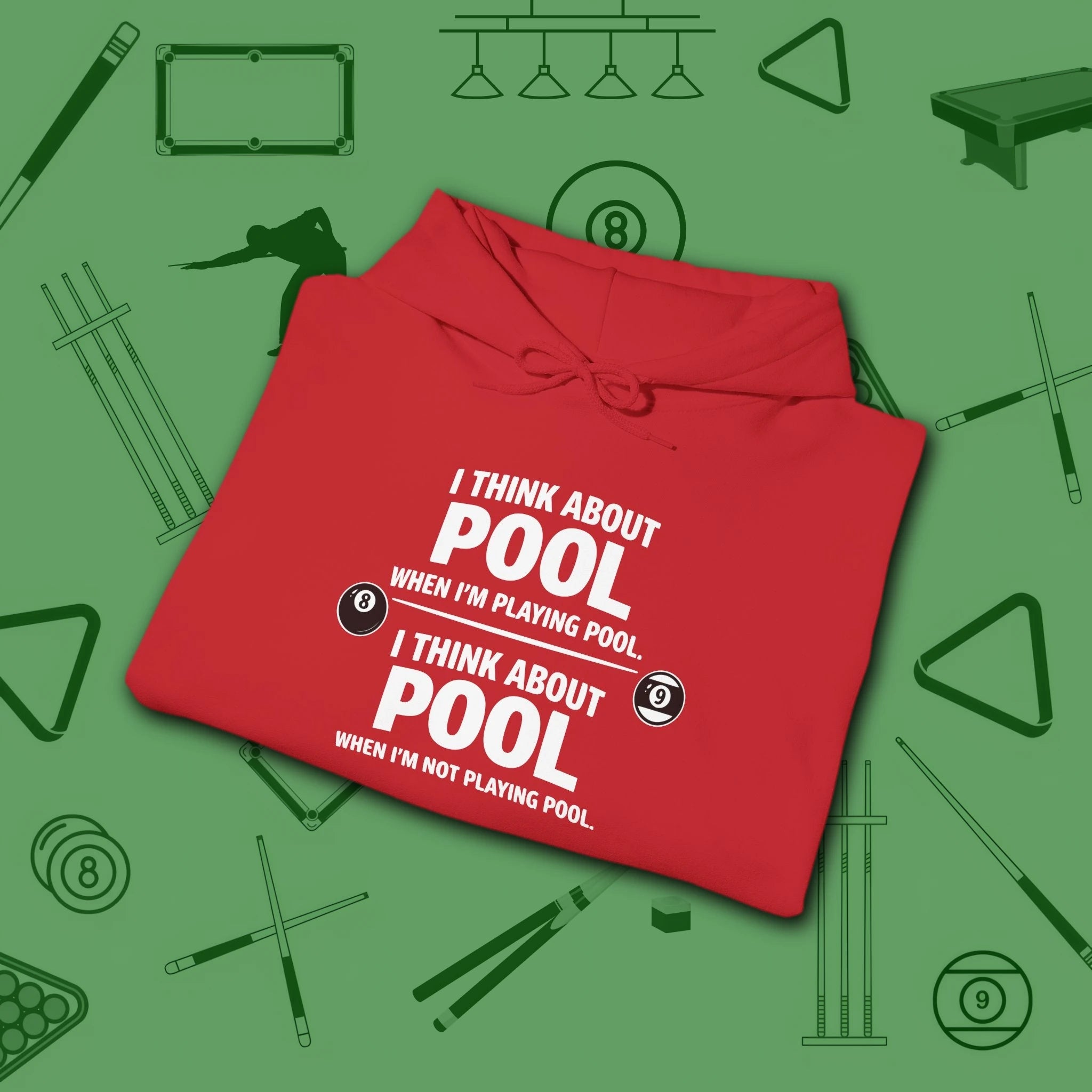 Think About Pool Hoodie, in Red color, billiards hoodie, folded view
