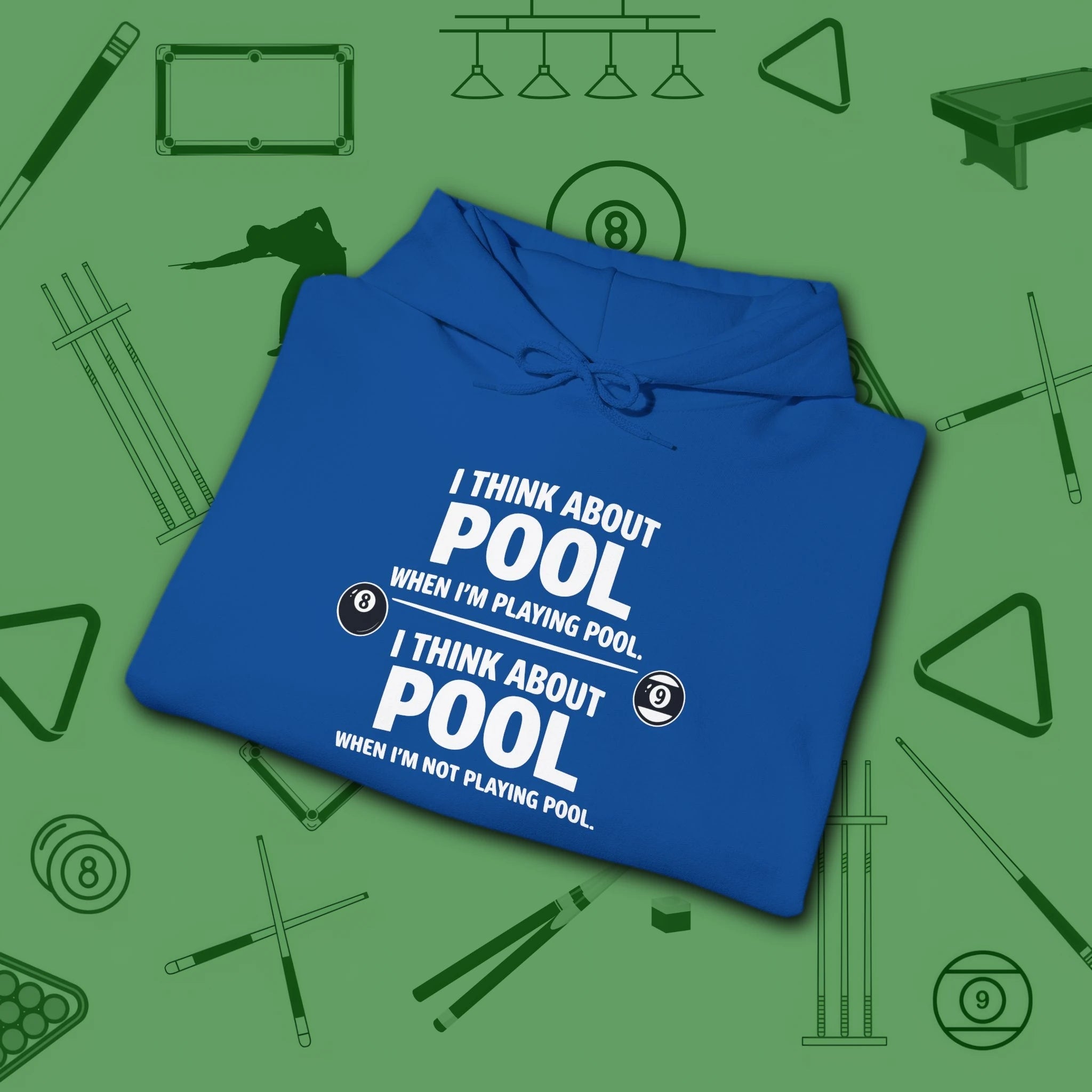 Think About Pool Hoodie, in Royal color, billiards hoodie, folded view