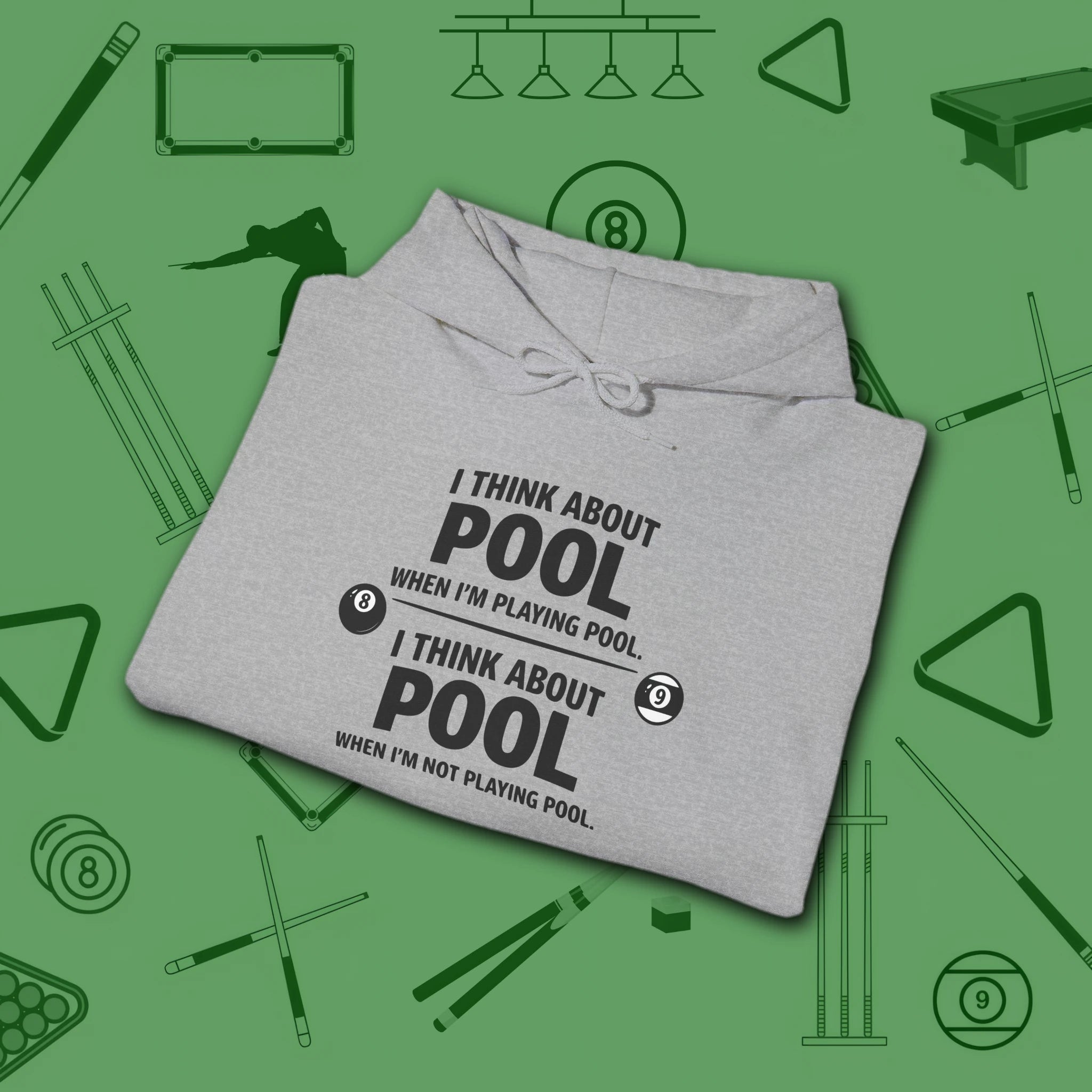 Think About Pool Hoodie, in Sport Grey color, billiards hoodie, folded view