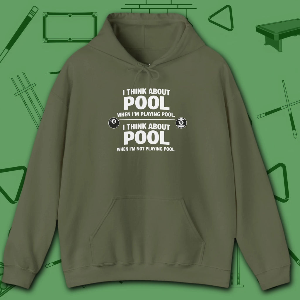 Think About Pool Hoodie, in Military Green color, billiards hoodie, front view