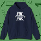 Think About Pool Hoodie, in Navy color, billiards hoodie, front view